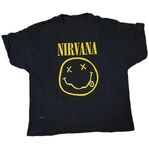Nirvana‎ Smiley Face T Shirt Black Band Tee Graphic Print Menswear
(R)